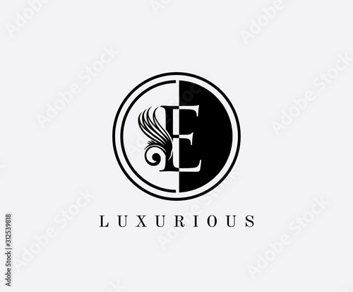 E Letter Classic Floral Logo. Luxury E Swirl Circle Logo Icon
