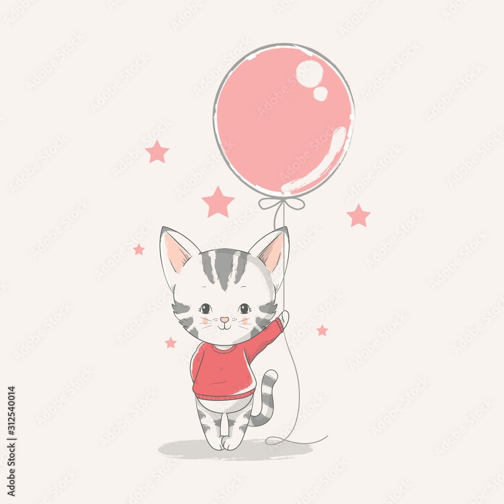 Obraz premium Vector hand drawn illustration of a cute baby kitten with a balloon.
