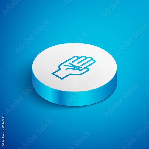 Isometric line Palmistry of the hand icon isolated on blue background. White circle button. Vector Illustration