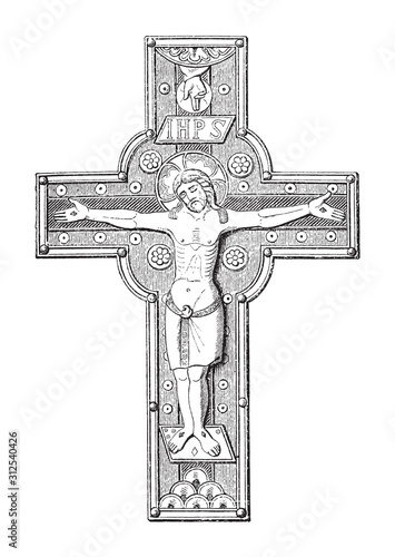 Old crucifix / vintage illustration from Brockhaus Konversations-Lexikon 1908