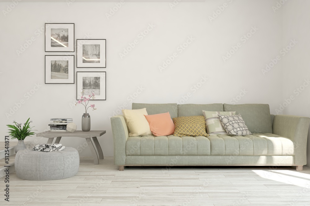 Stylish room in white color with sofa. Scandinavian interior design. 3D illustration Stylish room in white color with sofa. Scandinavian interior design. 3D illustration