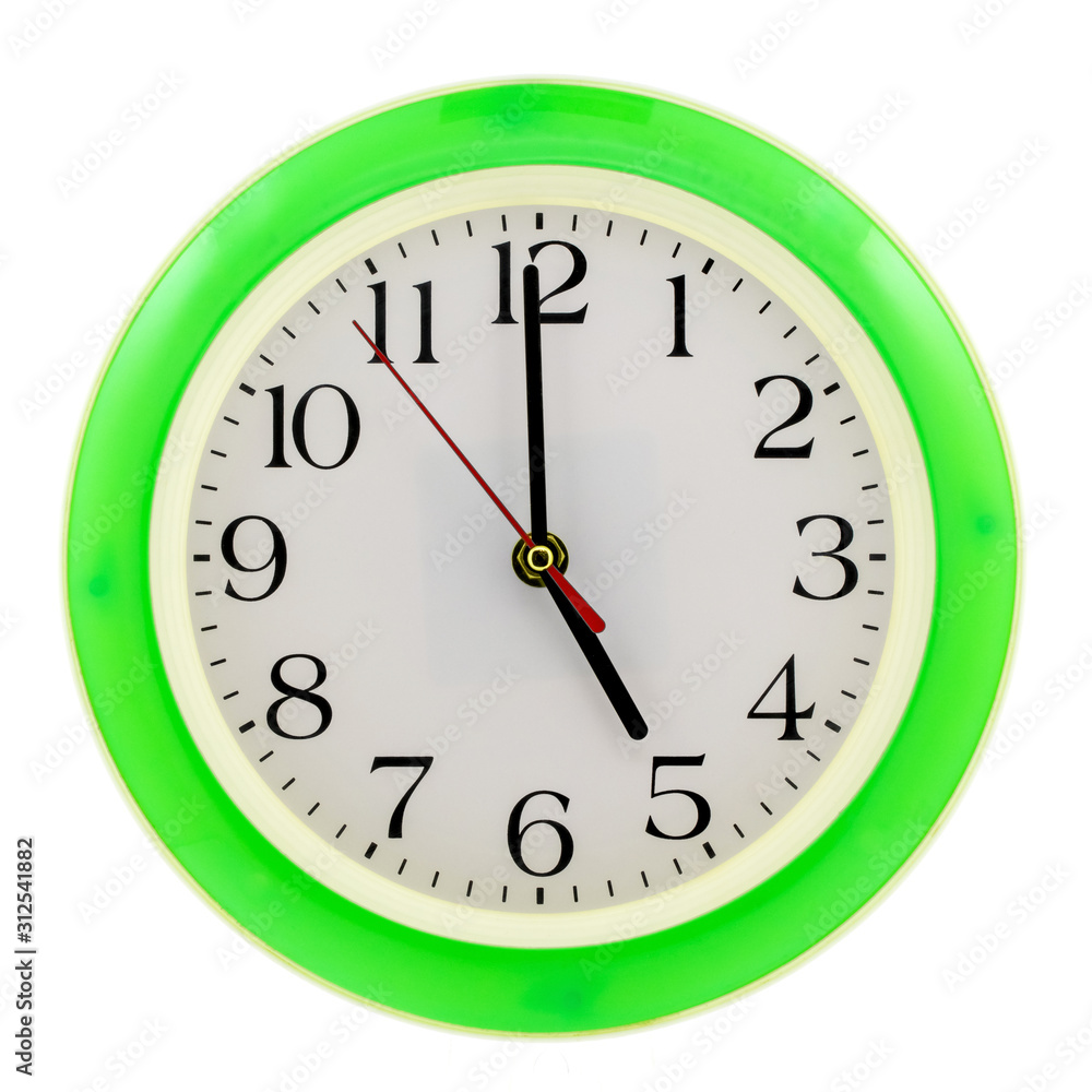 Clock with green round frame on white isolated background shows 5 (17) hours_ Clock with green round frame on white isolated background shows 5 (17) hours_