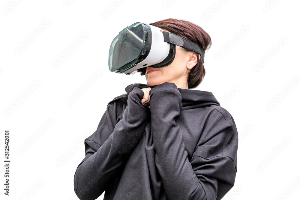 old woman in 360 view virtual reality glasses playing the game isolated on white background. 3D device gadget for watching movies for travel and entertainment in 3d space.. Cardboard VR AR glasses old woman in 360 view virtual reality glasses playing the game isolated on white background. 3D device gadget for watching movies for travel and entertainment in 3d space.. Cardboard VR AR glasses