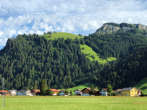 Alpine mountains Nollen and Stock above the Sihltal valley and artifical Lake Sihlsee, Studen - Canton of Schwyz, Switzerland photo