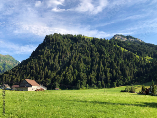 Alpine mountains Nollen and Stock above the Sihltal valley and artifical Lake Sihlsee, Studen - Canton of Schwyz, Switzerland photo