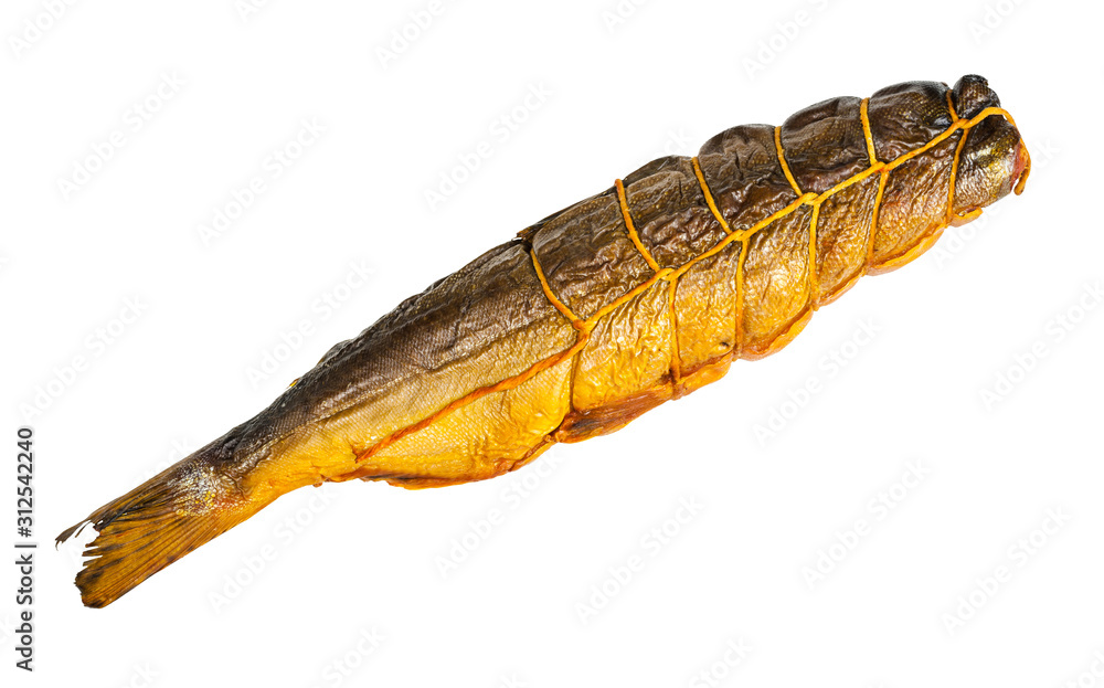 hot-smoked salmon fish tied with twine isolated hot-smoked salmon fish tied with twine isolated