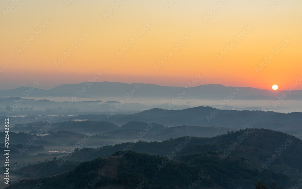 Morning misty mountain view at Ban Doi Sa-ngo Chiangsaen Chiangrai Thailand. which includes a view of the Golden Triangle covering Thailand, Laos and Myanmar.