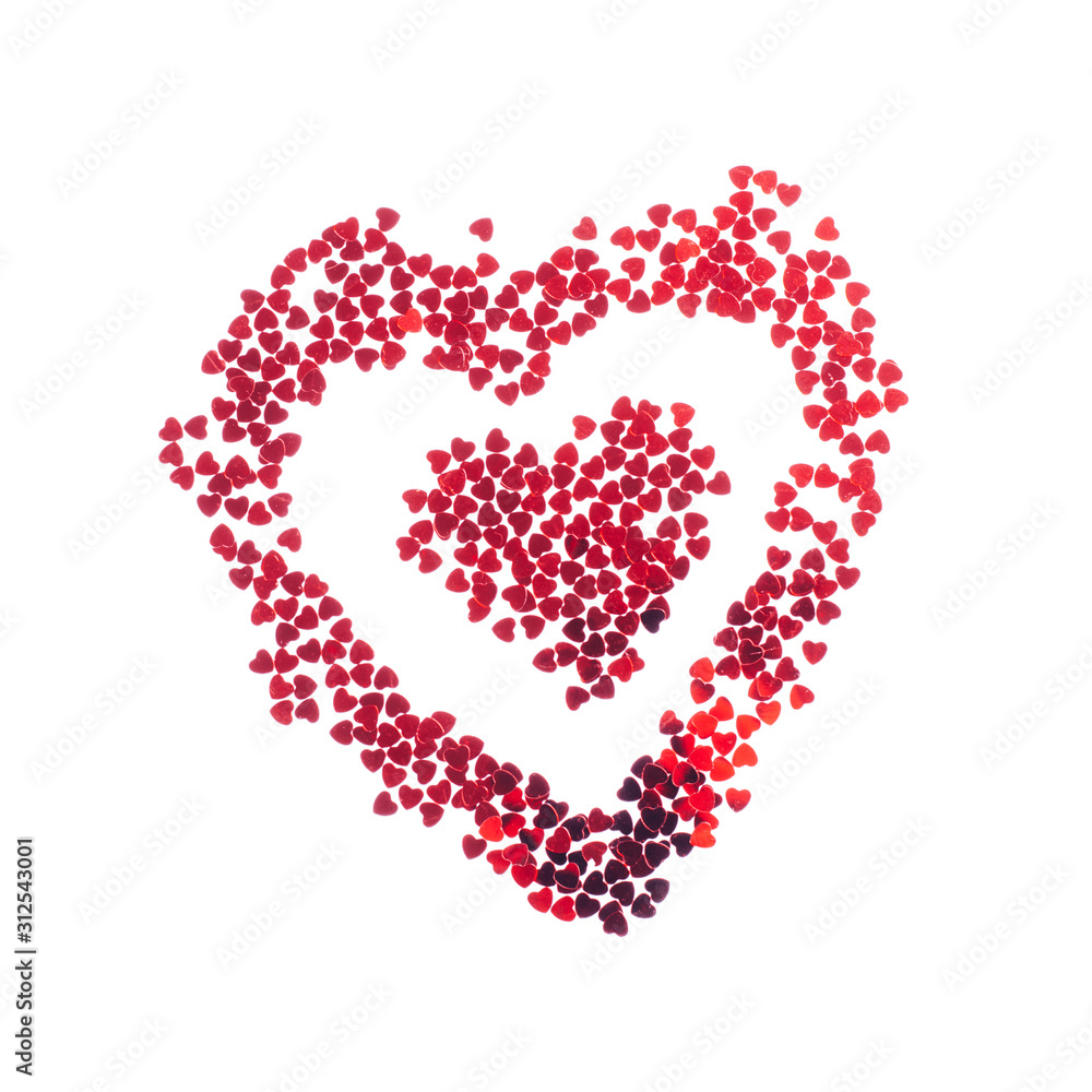 Red textured heart made of heart forme sparkles on white background. Valentines day concept card.