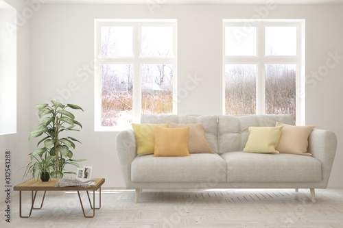 Stylish room in white color with sofa and winter landscape in window. Scandinavian interior design. 3D illustration