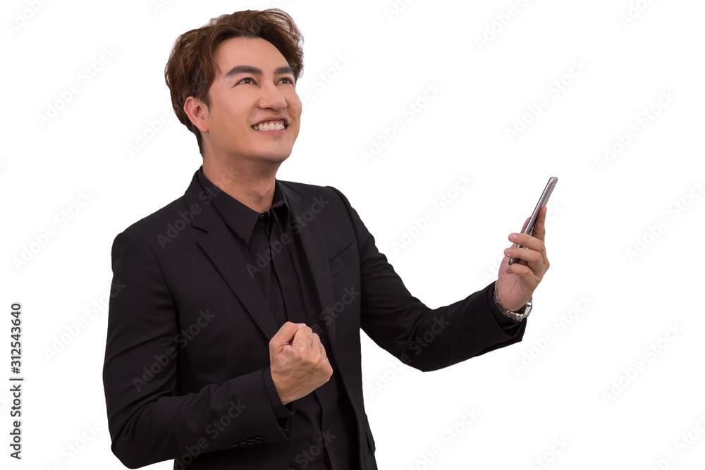 Handsome 40s businessman feel sucess while using mobile phone on white background with clipping path Handsome 40s businessman feel sucess while using mobile phone on white background with clipping path