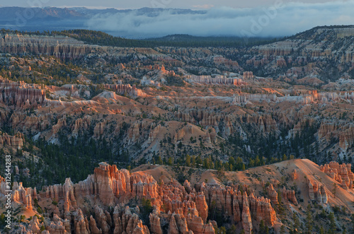Landscape with fog at sunset of Bryce Canyon National Park from Bryce Point, Utah, USA