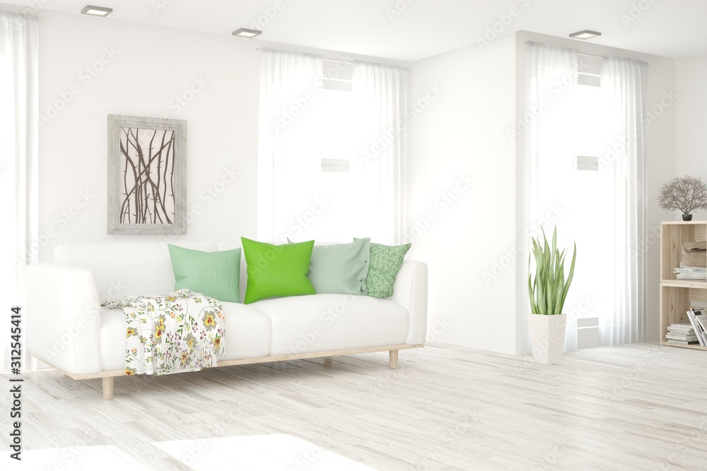 Fototapeta premium Stylish room in white color with sofa. Scandinavian interior design. 3D illustration