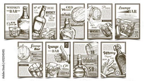 Whiskey Lounge Bar Advertising Posters Set Vector. Collection Of Different Creative Banners With Whiskey Bottle, Alcohol Drink And Ice Cubes Glass, Wooden Barrel, Man Hand Gesture Illustrations