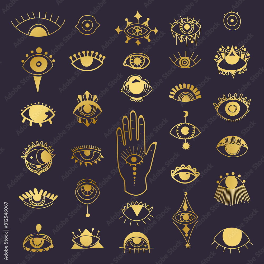 Naklejka premium Golden evil eyes symbol set. Different shapes. Esoteric sign alchemy, decorative style, providence sight. Vector illustration.