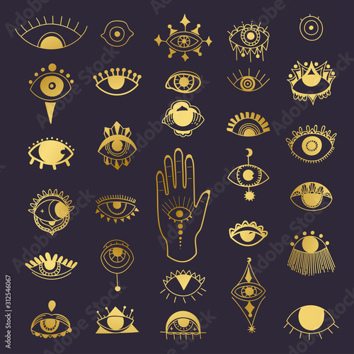 Golden evil eyes symbol set. Different shapes. Esoteric sign alchemy, decorative style, providence sight. Vector illustration.