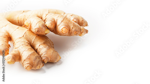Fresh ginger root on a white background, isolate. Ginger pharmacy.