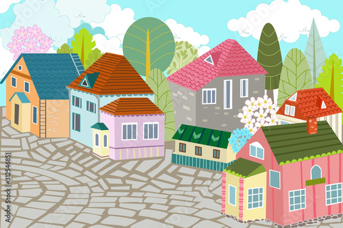 cute town of colorful houses with flowering trees and stone side