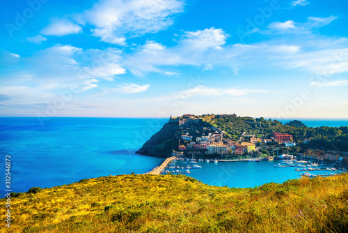 Porto Ercole village and harbor in a sea bay. Aerial view, Argentario, Tuscany, Italy