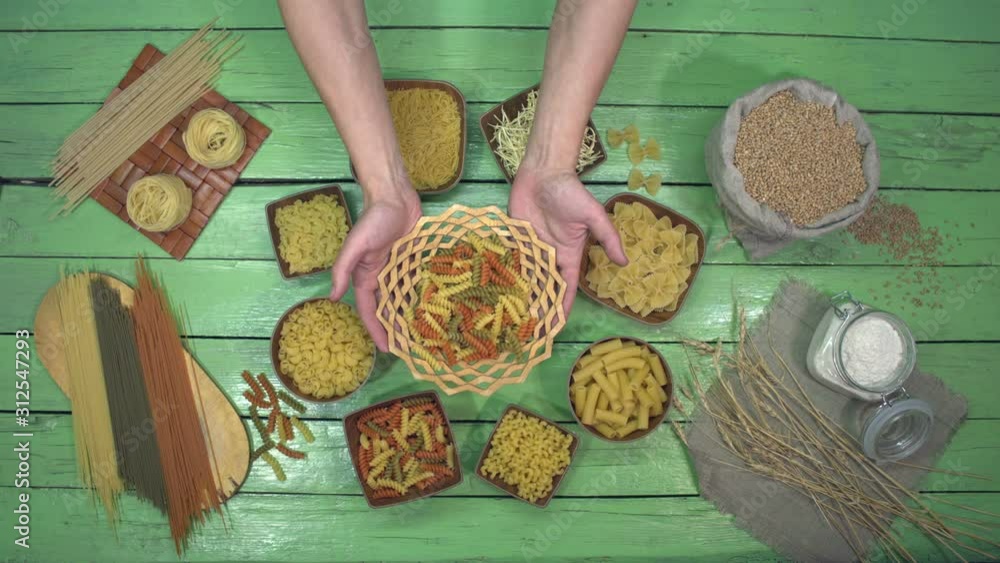 Wideo Stock Set of different types of pasta and noodles. Top View