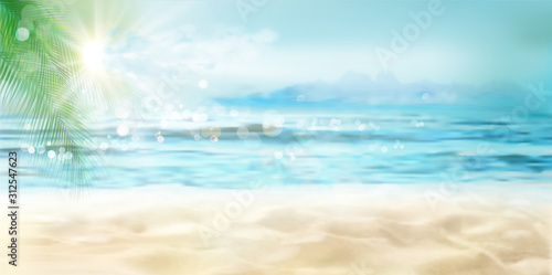 Empty sandy beach in summer. Waves on the seashore. Sunrise over the sea. Vector illustration.