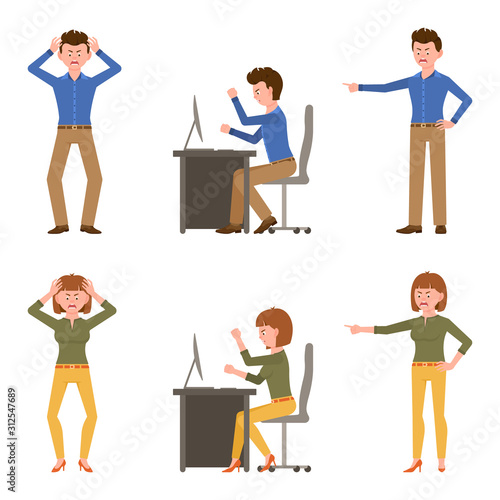 Angry, stressed, desperate office boy and girl vector illustration. Shouting, pointing finger, screaming, sitting at desk young male and female cartoon character set on white