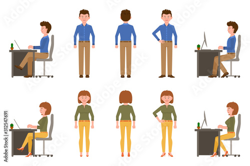 Happy, friendly office worker man and woman vector illustration. Front, side, back view standing, sitting at desk, typing on laptop, smiling boy and girl cartoon character set on white