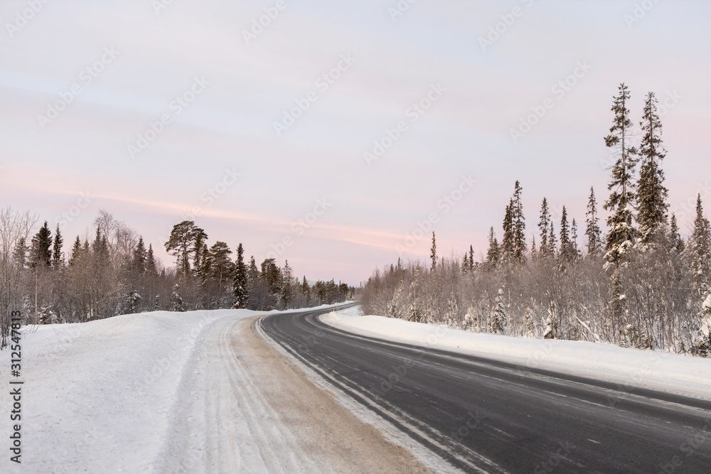 Fototapeta premium Winter road in the middle of snowy forest
