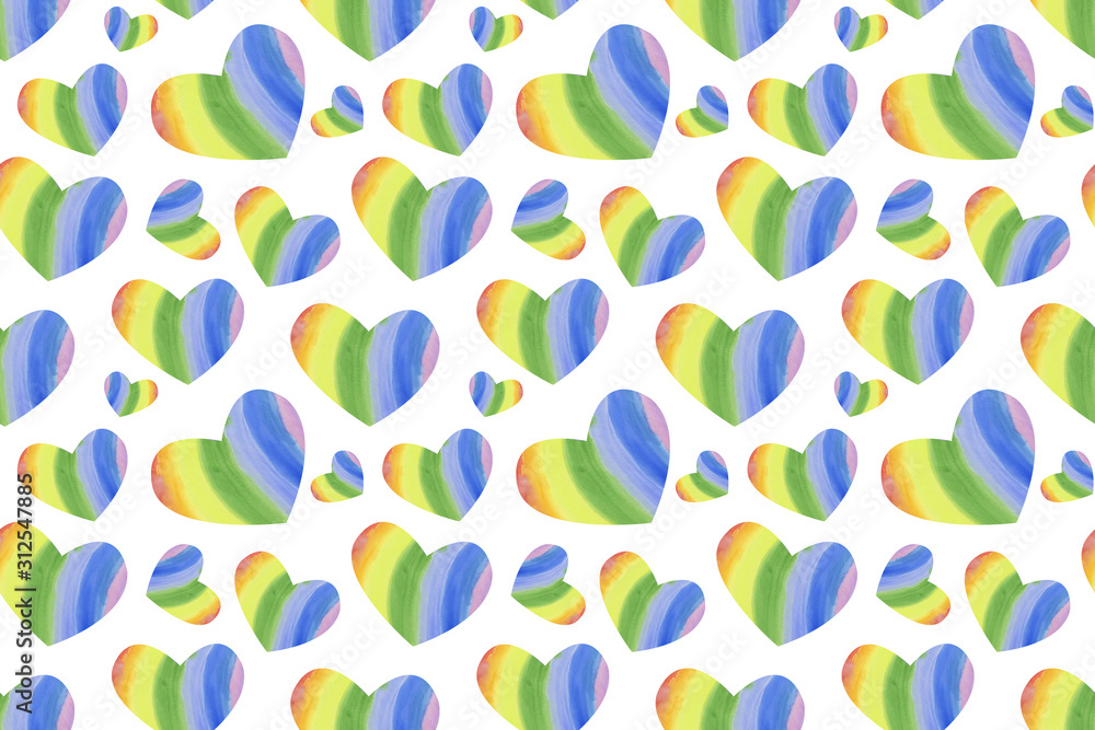 Repeat pattern of rainbow-colored hearts of different sizes, the symbol of homosexual love and freedom Repeat pattern of rainbow-colored hearts of different sizes, the symbol of homosexual love and freedom
