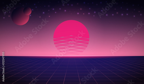 Neon Retro line poster background. 80s style landscape perspective floor with planets and sun disco glow. Abstract future vector illustration. Dark music sunset wallpaper