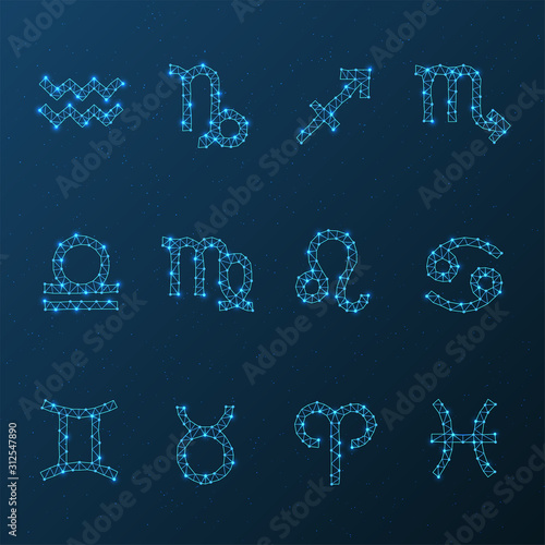 Zodiac vector low polygonal icons sets on a space background. Astrology horoscope star signs. Astronomy star symbol connected by abstract triangle wireframe mesh.