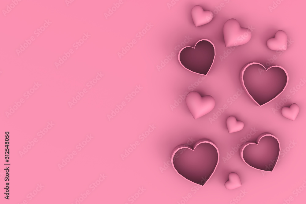 3d rendering of Valentine's Day, concept. Pink hearts and heart shaped boxes are lying on pink background. Mother's Day or Women's Day postcard, greeting card with copy space.