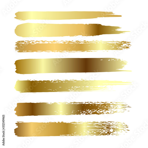 Gold paint smear stroke stain set. Abstract gold glittering textured art illustration. Vector illustration