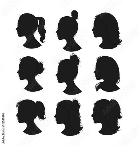 Beautiful collection of profile woman heand with different hairstyles vector