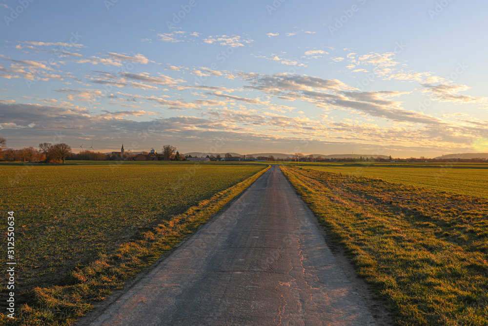 Naklejka premium Idyllischer Weg zwischen Feldern im Sonnenuntergang