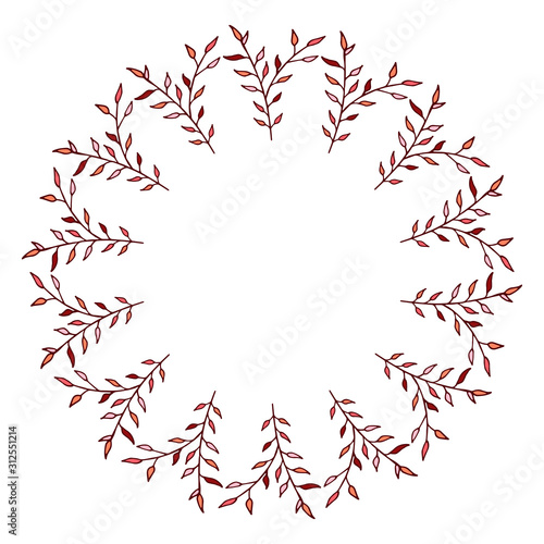 Round frame made of vertical red and pink leaves on a branch. Romantic wreath on white background for your design.