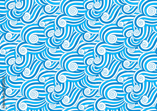 Nautical sea waves seamless pattern. Abstract whimsical doodle wavy background. Marine navy deep blue colorful curls and swirls summer wallpaper.