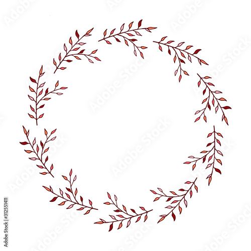 Round frame made of horizontal red and pink leaves on a branch. Romantic wreath on white background for your design.