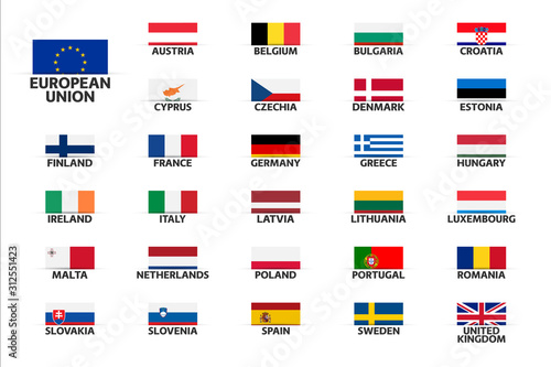 Set the flags of European Union countries, member states of EU, vector illustration isolated on white background