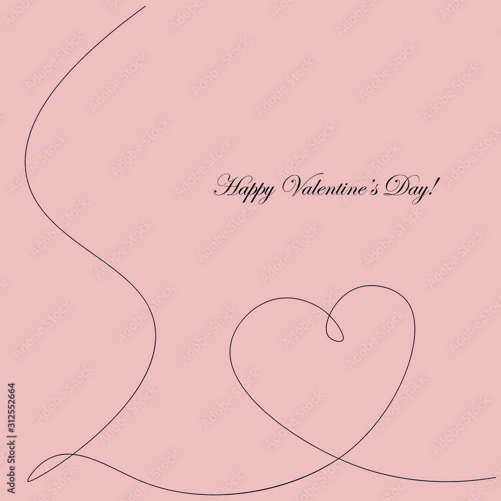 Love heart card, continuous one line drawing. Vector illustration