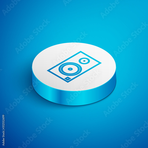 Isometric line Stereo speaker icon isolated on blue background. Sound system speakers. Music icon. Musical column speaker bass equipment. White circle button. Vector Illustration