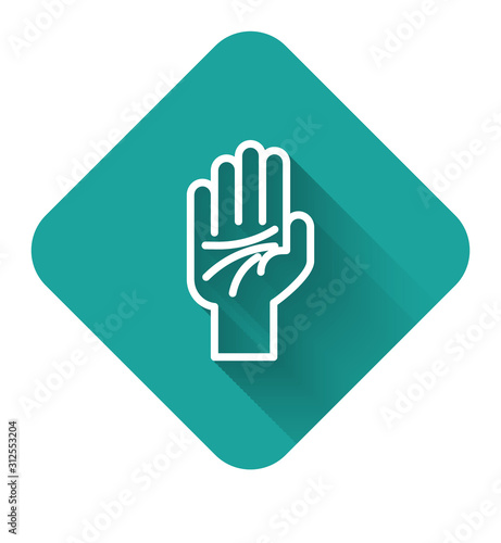 White line Palmistry of the hand icon isolated with long shadow. Green square button. Vector Illustration