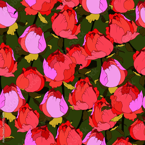 seamless pattern with buds of roses or peonies in bright colors
