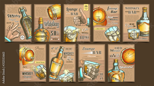Whiskey Lounge Bar Advertising Posters Set Vector. Collection Of Different Creative Banners With Whiskey Bottle, Alcohol Drink And Ice Cubes Glass, Wooden Barrel And Man Hand Gesture Illustrations