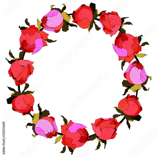 ornament wreath with buds of roses or peonies in bright colors