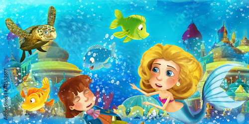 Cartoon ocean and the mermaid in underwater kingdom swimming and having fun with fishes looking on drowning man prince - illustration for children