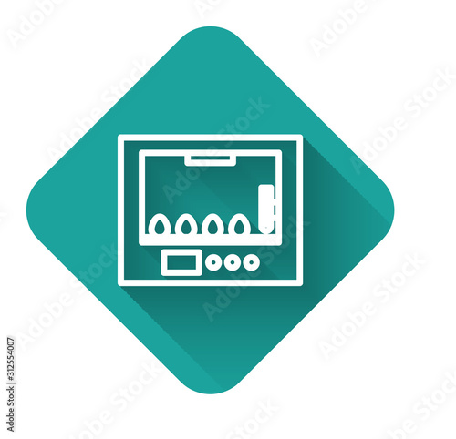 White line Incubator for eggs icon isolated with long shadow. Green square button. Vector Illustration