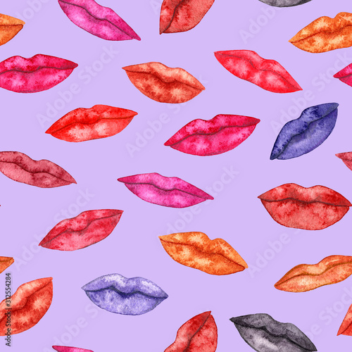 Watercolor lips pattern. Seamless pattern with lips. Fashion fabric pattern with lipstick. Background for girls. 