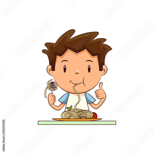 Child eating pasta, vegetable spaghetti