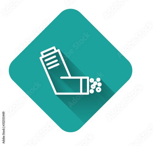 White line Inhaler icon isolated with long shadow. Breather for cough relief, inhalation, allergic patient. Medical allergy asthma inhaler spray. Green square button. Vector Illustration