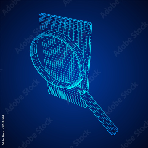 Smartphone mobile touch screen display with magnifying glass. Polygonal geometric design connected lines. Wireframe low poly mesh vector illustration.